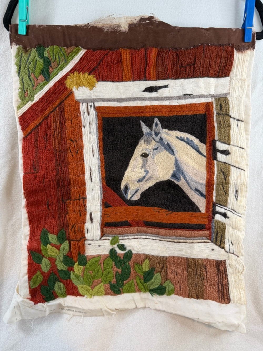 Vtg Columbia Minerva Crewel Embroidery #7428 Completed Horse Barn Wall Art 15x18
